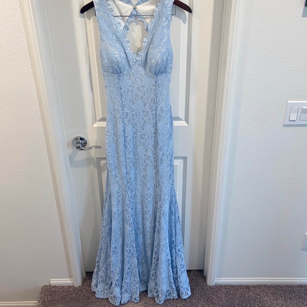 Morgan & Co Elegant Dress-Light Blue Lace with White Lining.